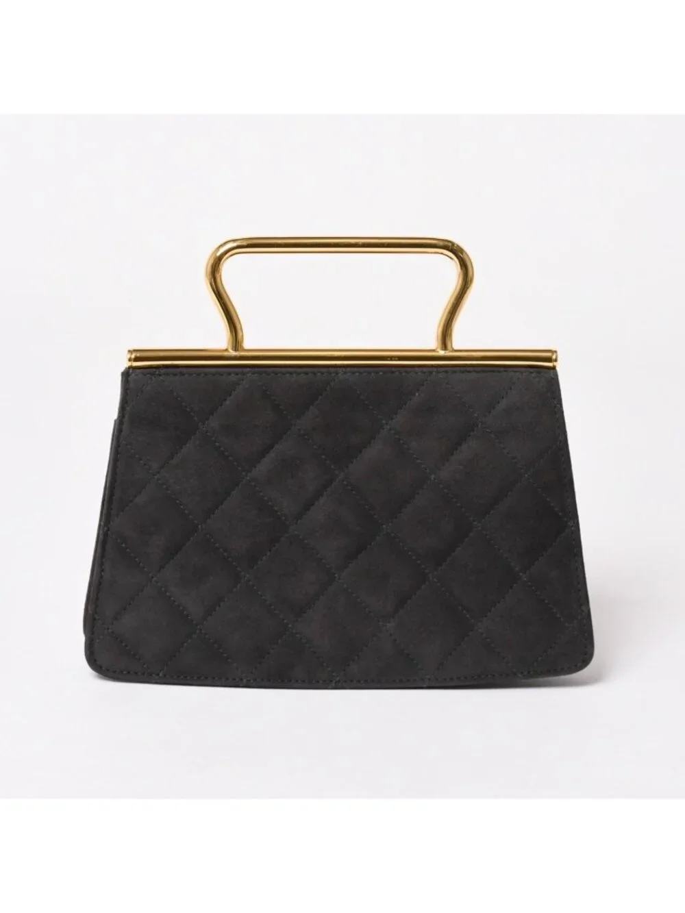 Chanel Top Handle Handbag CC Logo Suede Turnlock Dark Gray Gold